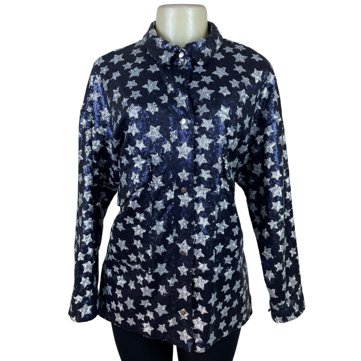 Zara Womens Navy Star Pattern Sequin Button-Up Sweater Top Size L