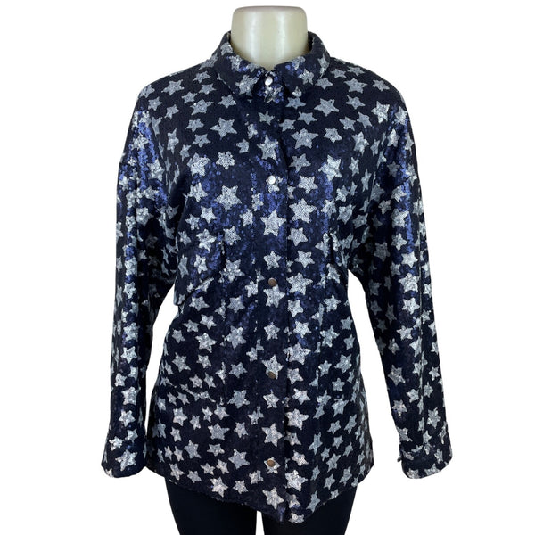 Zara Womens Navy Star Pattern Sequin Button-Up Sweater Top Size L