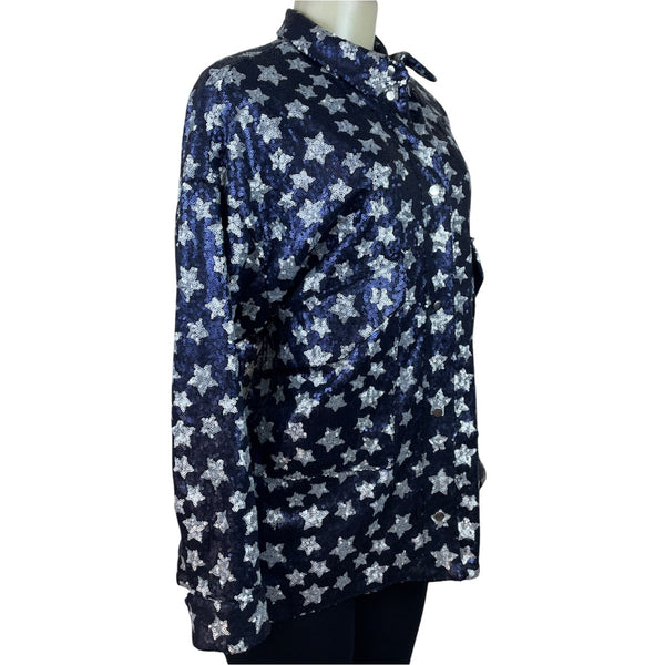 Zara Womens Navy Star Pattern Sequin Button-Up Sweater Top Size L