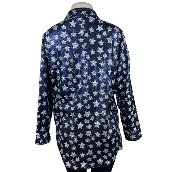 Zara Womens Navy Star Pattern Sequin Button-Up Sweater Top Size L