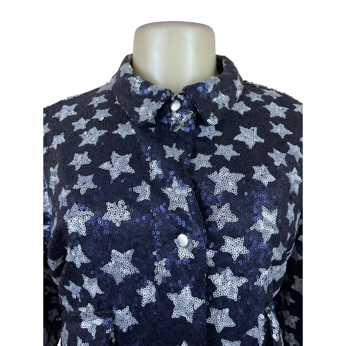 Zara Womens Navy Star Pattern Sequin Button-Up Sweater Top Size L