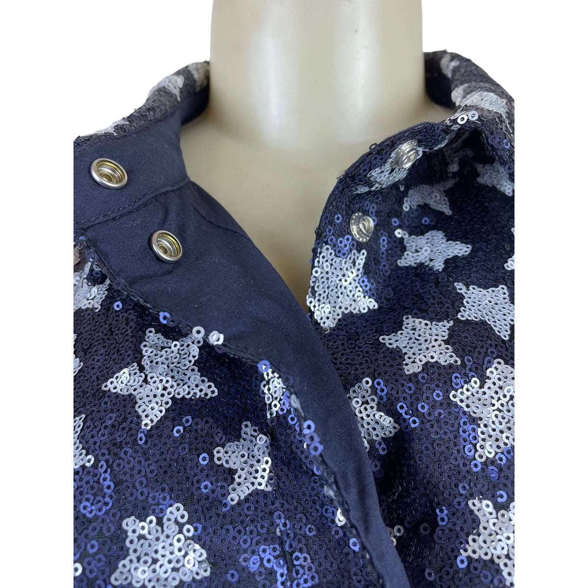 Zara Womens Navy Star Pattern Sequin Button-Up Sweater Top Size L