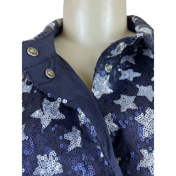 Zara Womens Navy Star Pattern Sequin Button-Up Sweater Top Size L