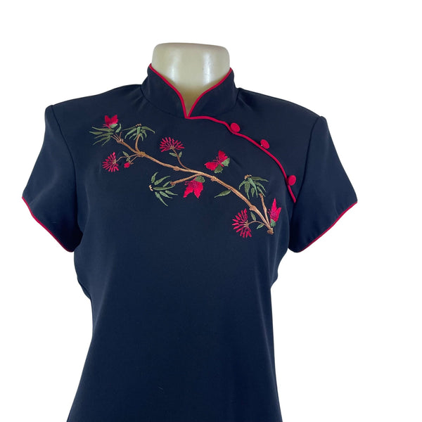 S.L. Fashions Mandarin Floral Embroidered Cheongsam Women's Black Size 8P