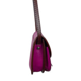 Handcrafted Fuchsia & Brown Leather Adjustable Strap Saddle Bag Sz S