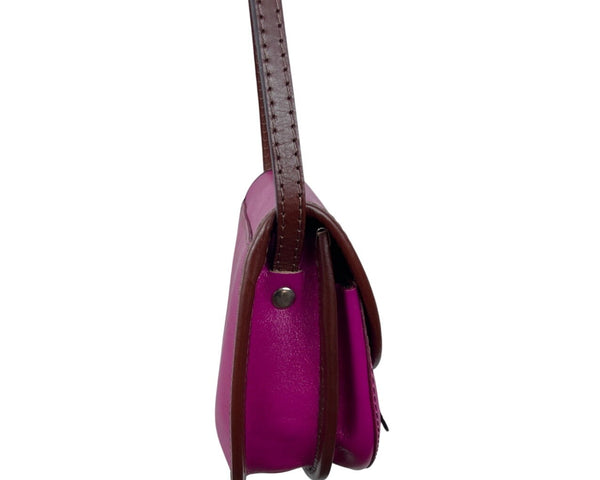Handcrafted Fuchsia & Brown Leather Adjustable Strap Saddle Bag Sz S