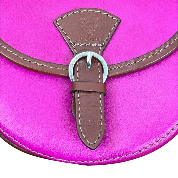 Handcrafted Fuchsia & Brown Leather Adjustable Strap Saddle Bag Sz S
