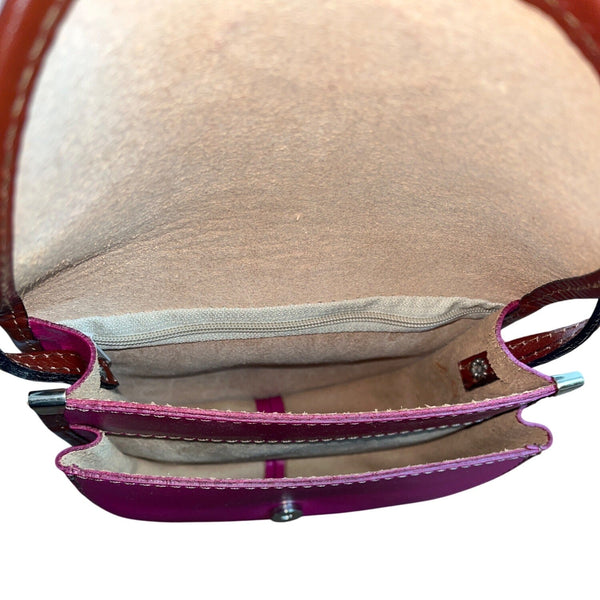 Handcrafted Fuchsia & Brown Leather Adjustable Strap Saddle Bag Sz S