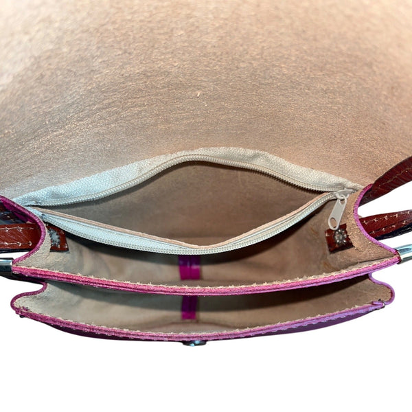 Handcrafted Fuchsia & Brown Leather Adjustable Strap Saddle Bag Sz S