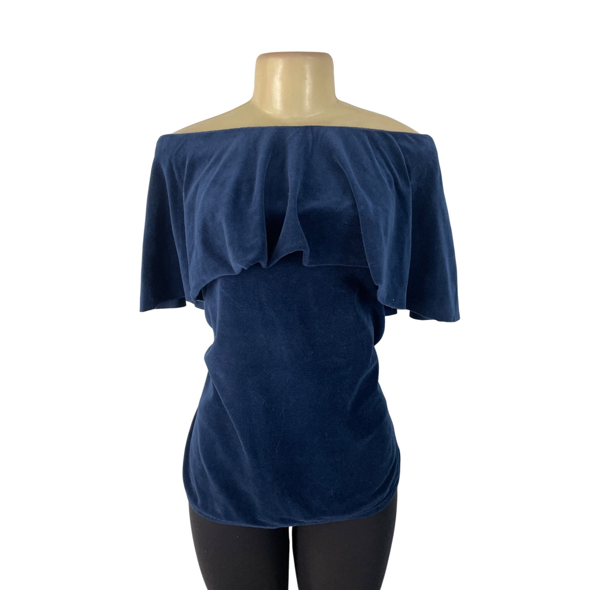 Joge Womens Navy Off-Shoulder Velour Ruffle Top Stylish Blouse Sz M