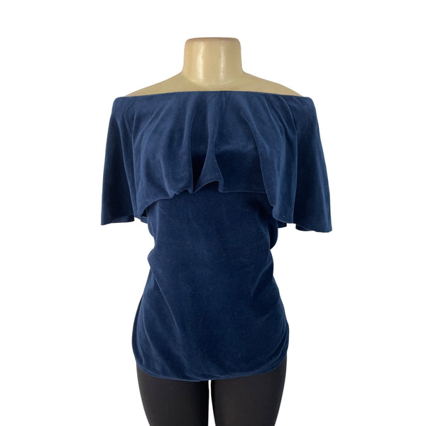 Joge Womens Navy Off-Shoulder Velour Ruffle Top Stylish Blouse Sz M