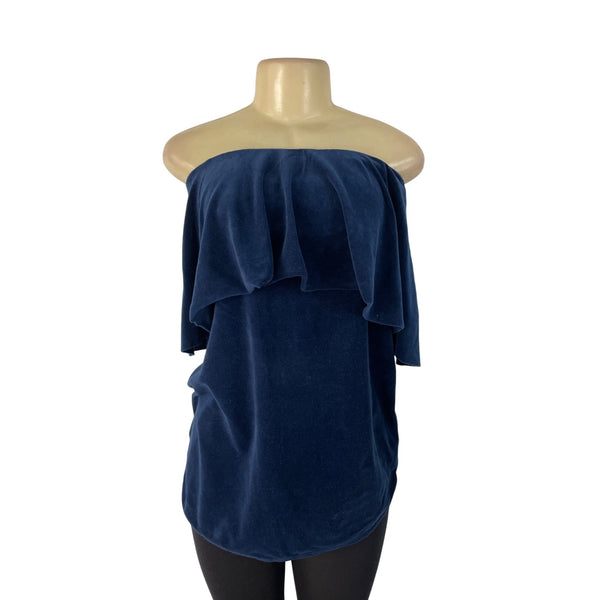 Joge Womens Navy Off-Shoulder Velour Ruffle Top Stylish Blouse Sz M