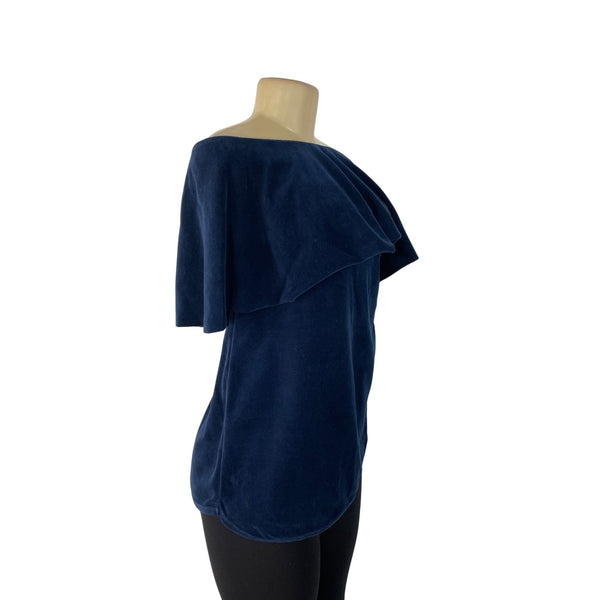 Joge Womens Navy Off-Shoulder Velour Ruffle Top Stylish Blouse Sz M