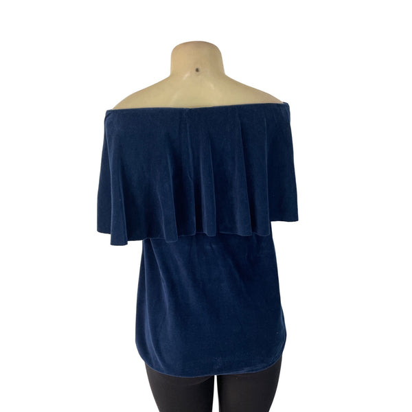 Joge Womens Navy Off-Shoulder Velour Ruffle Top Stylish Blouse Sz M