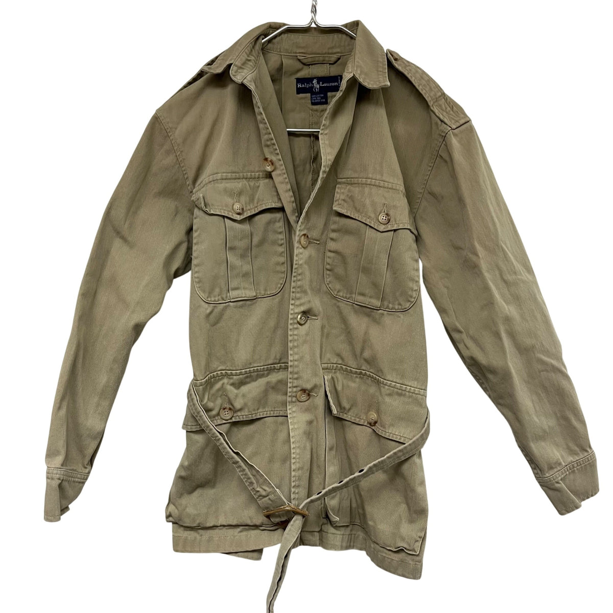 Ralph Lauren Mens Khaki Cotton Utility Field Jacket With Belted Waist Adjustable Epaulettes Size Small