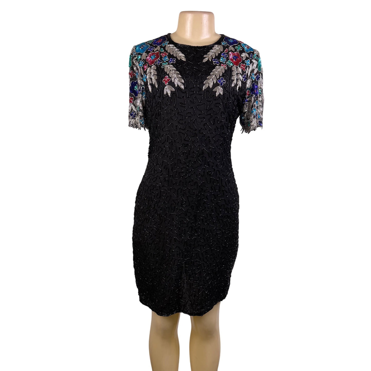 Handmade Black / Multicolor Beaded Embroidered Dress Keyhole Back Fully Lined