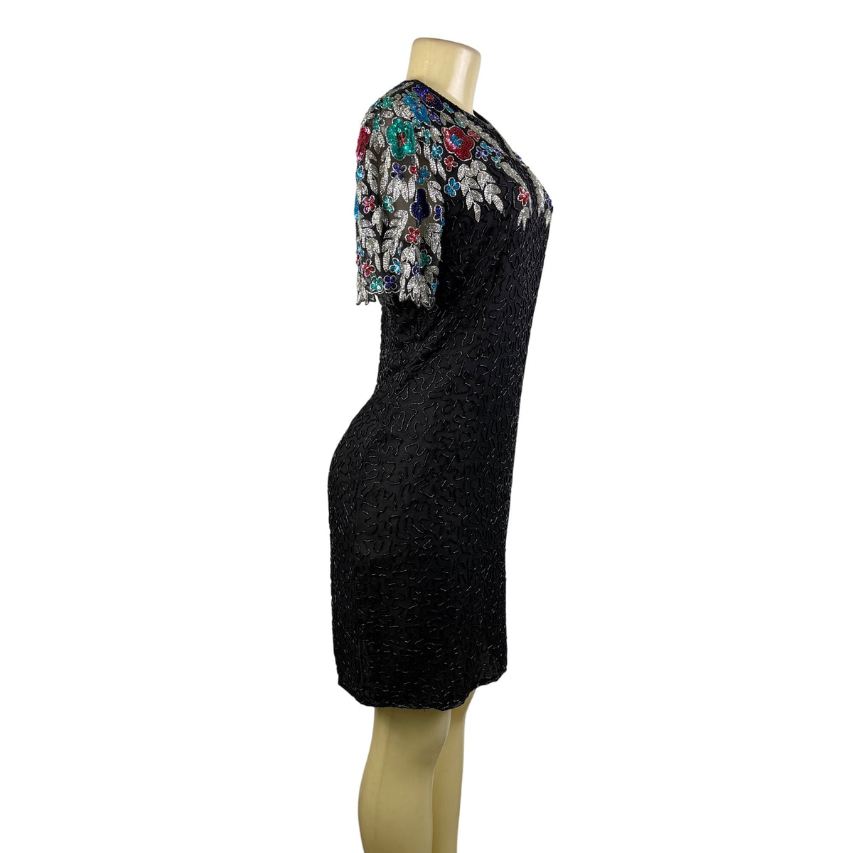 Handmade Black / Multicolor Beaded Embroidered Dress Keyhole Back Fully Lined