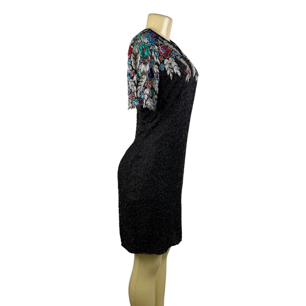 Handmade Black / Multicolor Beaded Embroidered Dress Keyhole Back Fully Lined