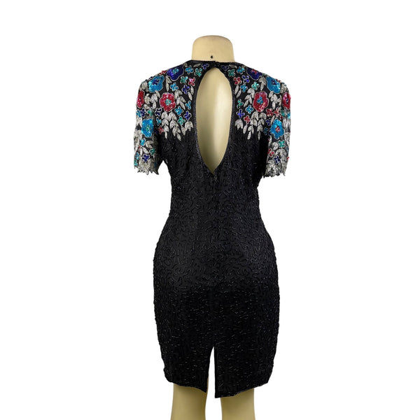 Handmade Black / Multicolor Beaded Embroidered Dress Keyhole Back Fully Lined