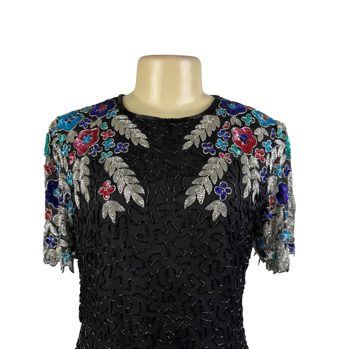 Handmade Black / Multicolor Beaded Embroidered Dress Keyhole Back Fully Lined