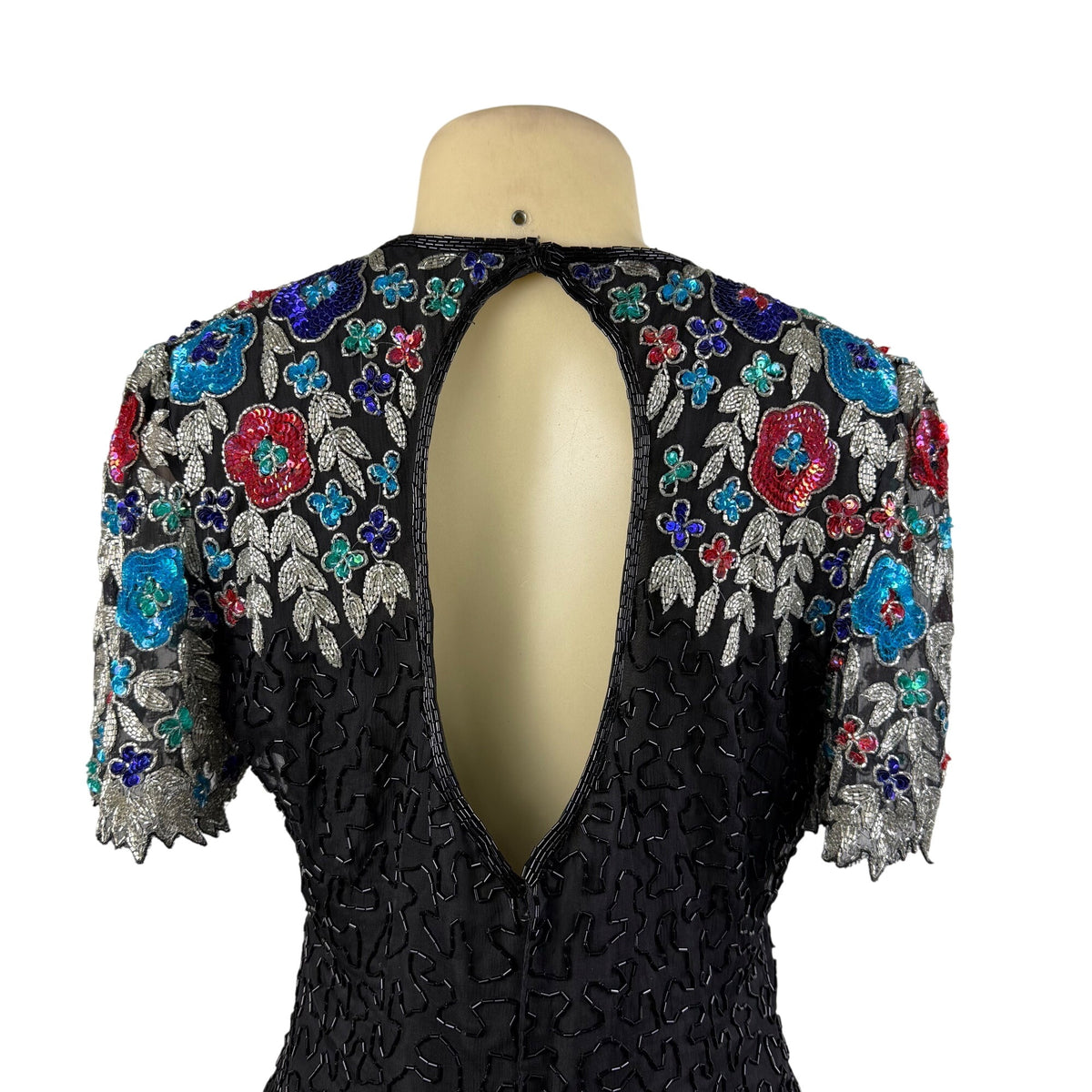 Handmade Black / Multicolor Beaded Embroidered Dress Keyhole Back Fully Lined