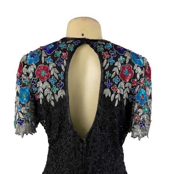 Handmade Black / Multicolor Beaded Embroidered Dress Keyhole Back Fully Lined