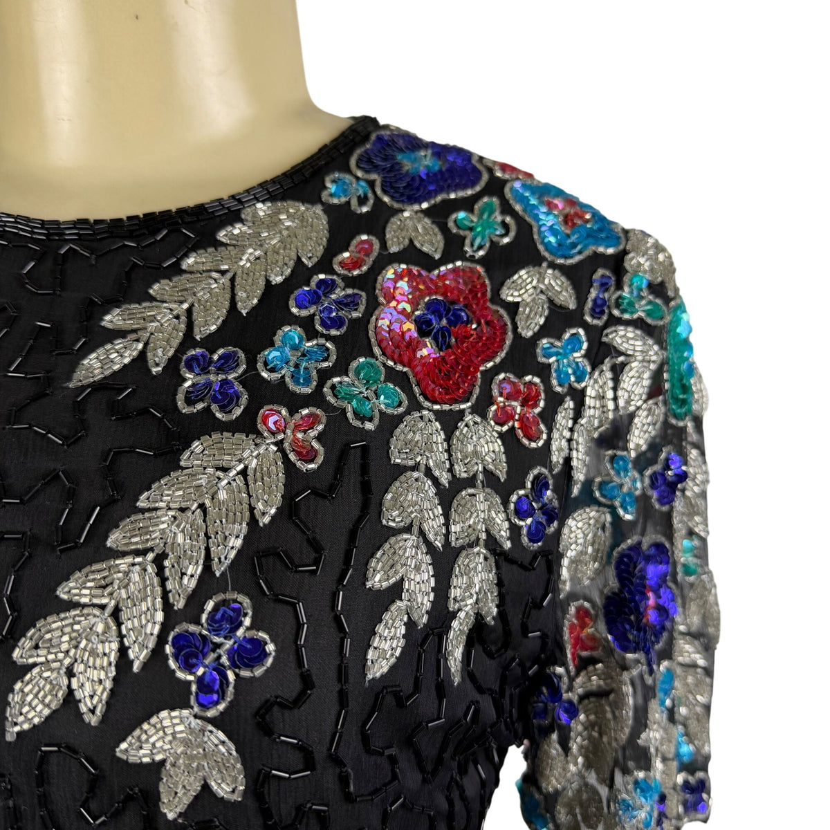 Handmade Black / Multicolor Beaded Embroidered Dress Keyhole Back Fully Lined