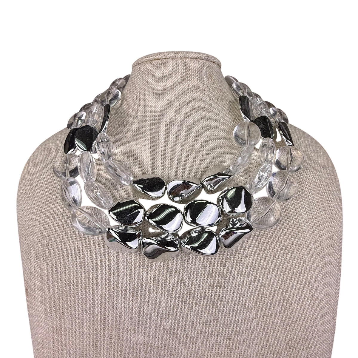 Chicos Womens Silver Tone & Clear Acrylic Statement Necklace Adjustable Size
