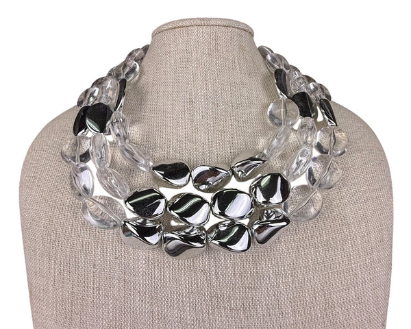 Chicos Womens Silver Tone & Clear Acrylic Statement Necklace Adjustable Size