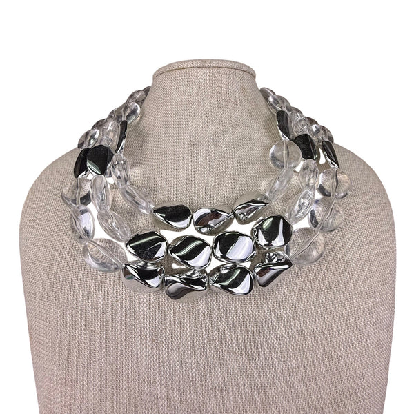 Chicos Womens Silver Tone & Clear Acrylic Statement Necklace Adjustable Size