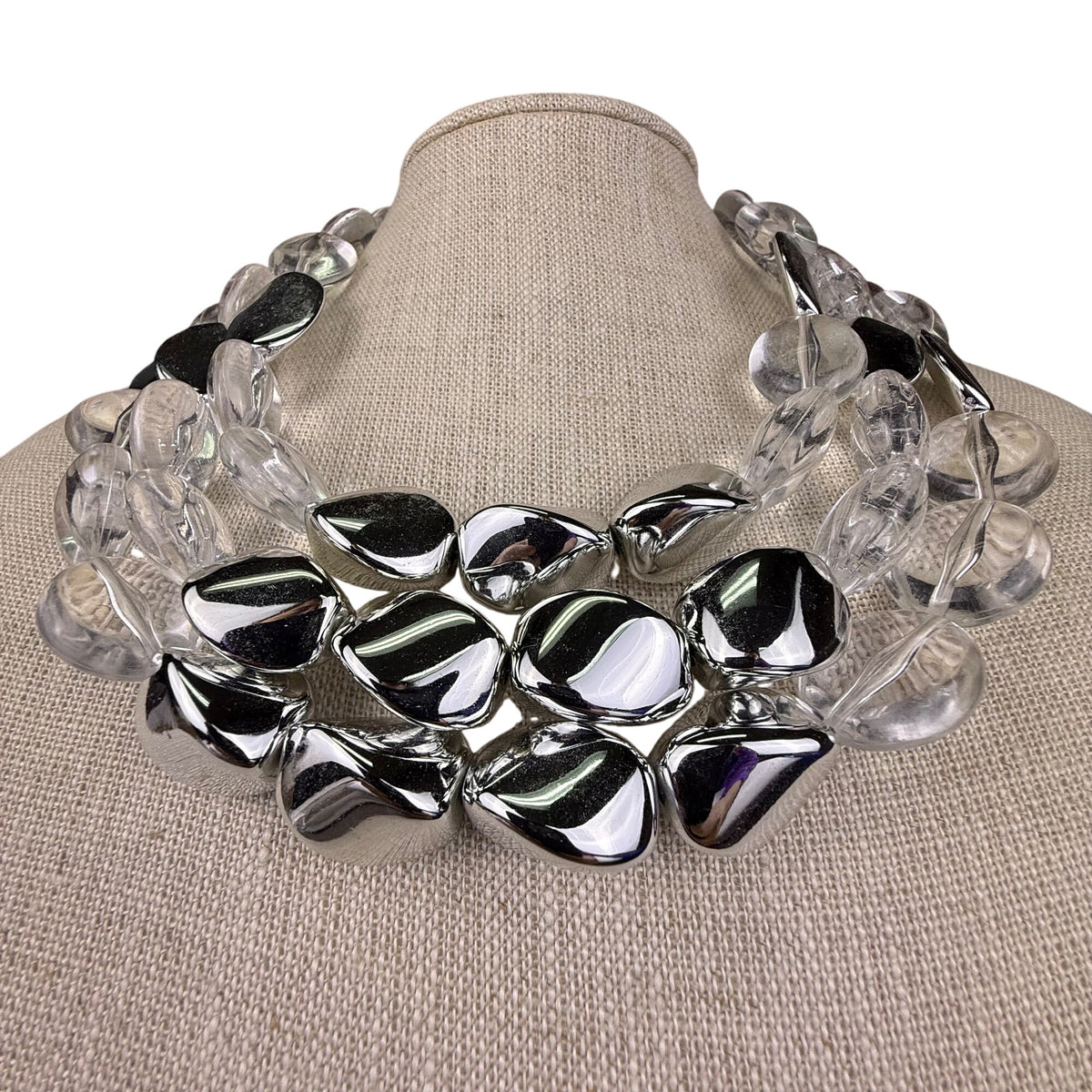 Chicos Womens Silver Tone & Clear Acrylic Statement Necklace Adjustable Size