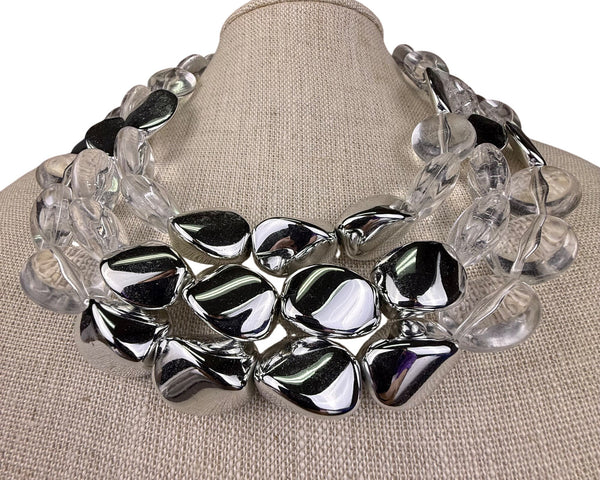 Chicos Womens Silver Tone & Clear Acrylic Statement Necklace Adjustable Size