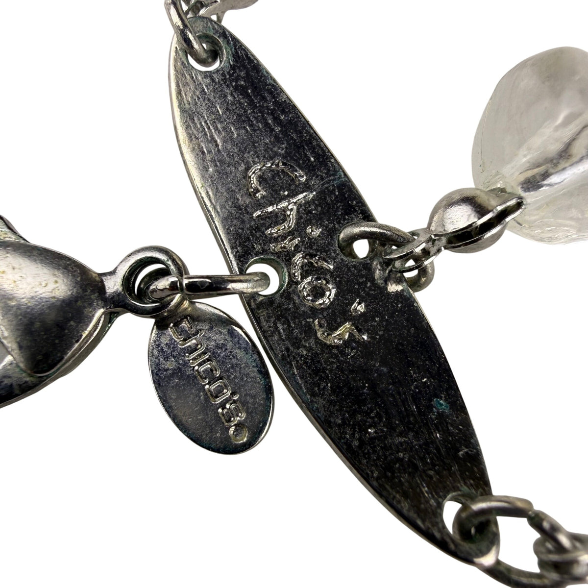 Chicos Womens Silver Tone & Clear Acrylic Statement Necklace Adjustable Size