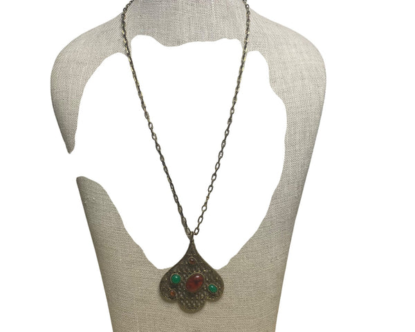 Antique Brass Chain Necklace With Ornate Pendant Green & Red Gemstone Accents 20 Inches