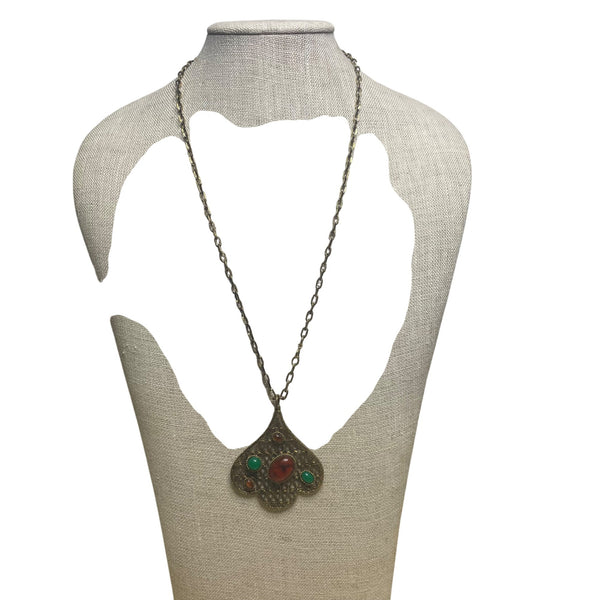 Antique Brass Chain Necklace With Ornate Pendant Green & Red Gemstone Accents 20 Inches