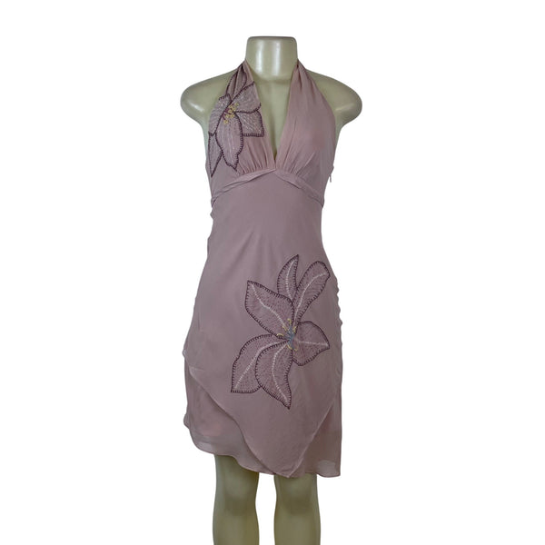 BCBG Maxazria Pink Women’s Halter Neck Embroidered Floral Dress Layered Size 2