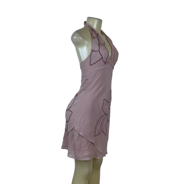 BCBG Maxazria Pink Women’s Halter Neck Embroidered Floral Dress Layered Size 2