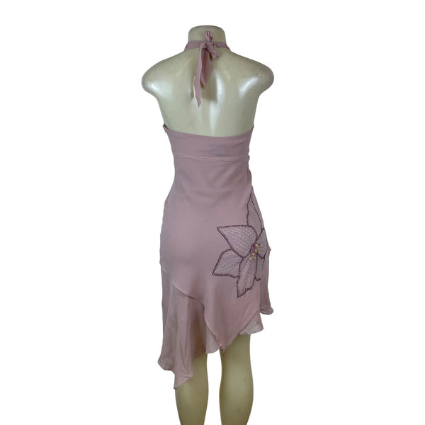 BCBG Maxazria Pink Women’s Halter Neck Embroidered Floral Dress Layered Size 2