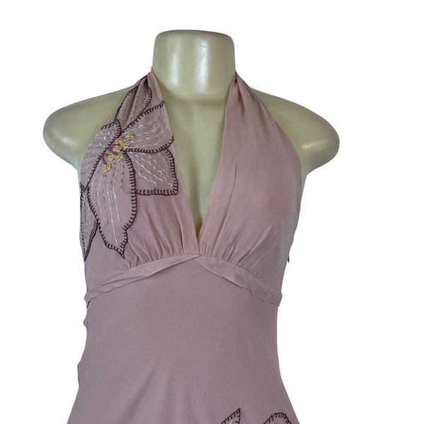 BCBG Maxazria Pink Women’s Halter Neck Embroidered Floral Dress Layered Size 2