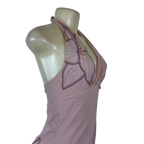 BCBG Maxazria Pink Women’s Halter Neck Embroidered Floral Dress Layered Size 2