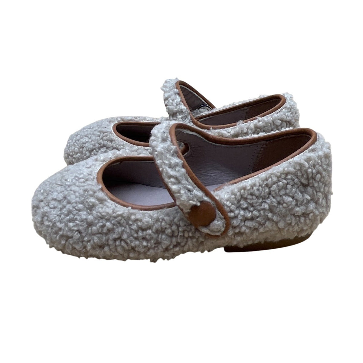 Papanatas Girls Beige Shearling Strap Closure Flat Shoes Size US 7 EU 23- New