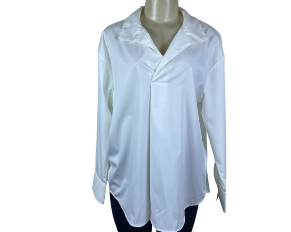 Prettywear Women White Satin Long Sleeve Collar Shirt Elegant Classic Sz L - New