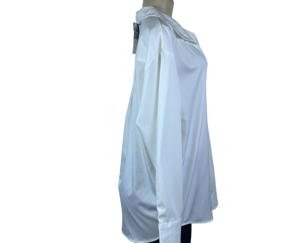 Prettywear Women White Satin Long Sleeve Collar Shirt Elegant Classic Sz L - New