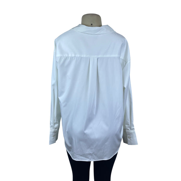 Prettywear Women White Satin Long Sleeve Collar Shirt Elegant Classic Sz L - New