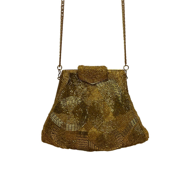 Vintage Carla Marchi Women’s Gold Beads With Chain Strap Elegant Evening Bag