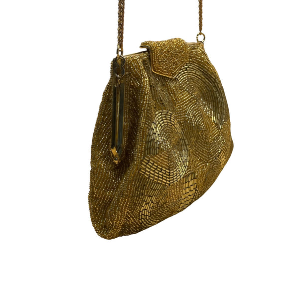 Vintage Carla Marchi Women’s Gold Beads With Chain Strap Elegant Evening Bag