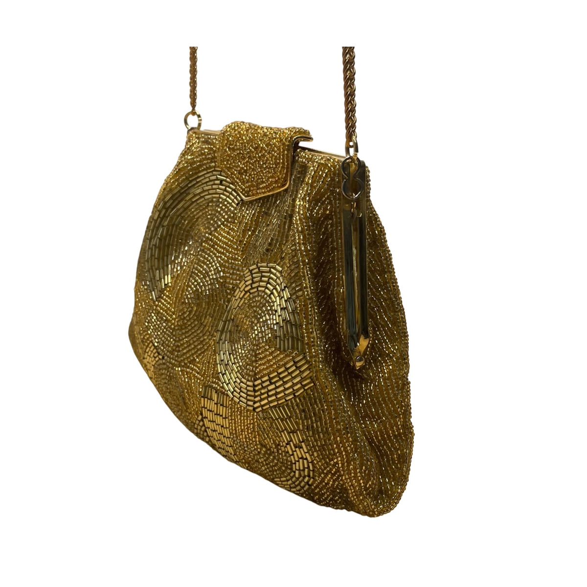 Vintage Carla Marchi Women’s Gold Beads With Chain Strap Elegant Evening Bag