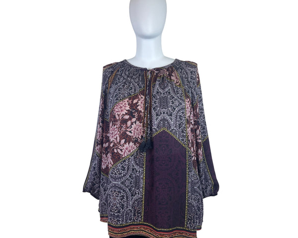 Daniel Rainn Womens Multicolor Printed Boho Blouse Tassel Detail Size 3X