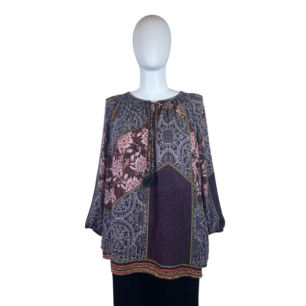 Daniel Rainn Womens Multicolor Printed Boho Blouse Tassel Detail Size 3X