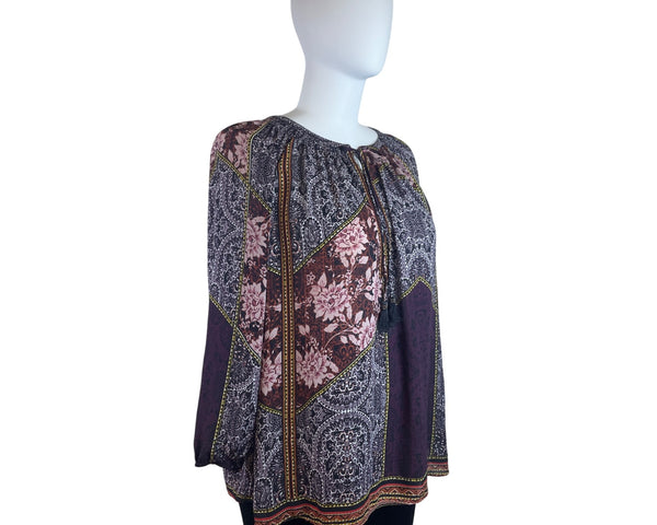 Daniel Rainn Womens Multicolor Printed Boho Blouse Tassel Detail Size 3X